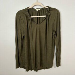Anthropologie Pleione Olive Green Ruched Front Tie Long Sleeve Blouse Medium